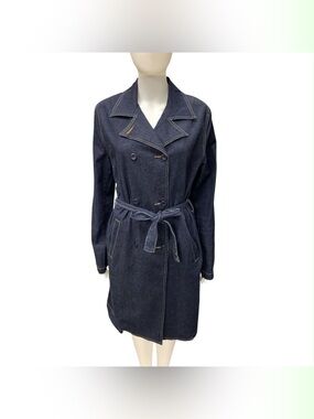 Armor Jeans Double-Breasted Dark Blue Denim Trench Coat with Self-Tie Belt S8
